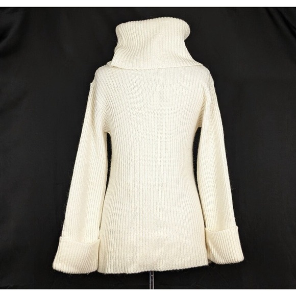 Vintage 70s Sweater Cream Chunky Knit Cowl Neck Pockets Misses Size M - Picture 5 of 7